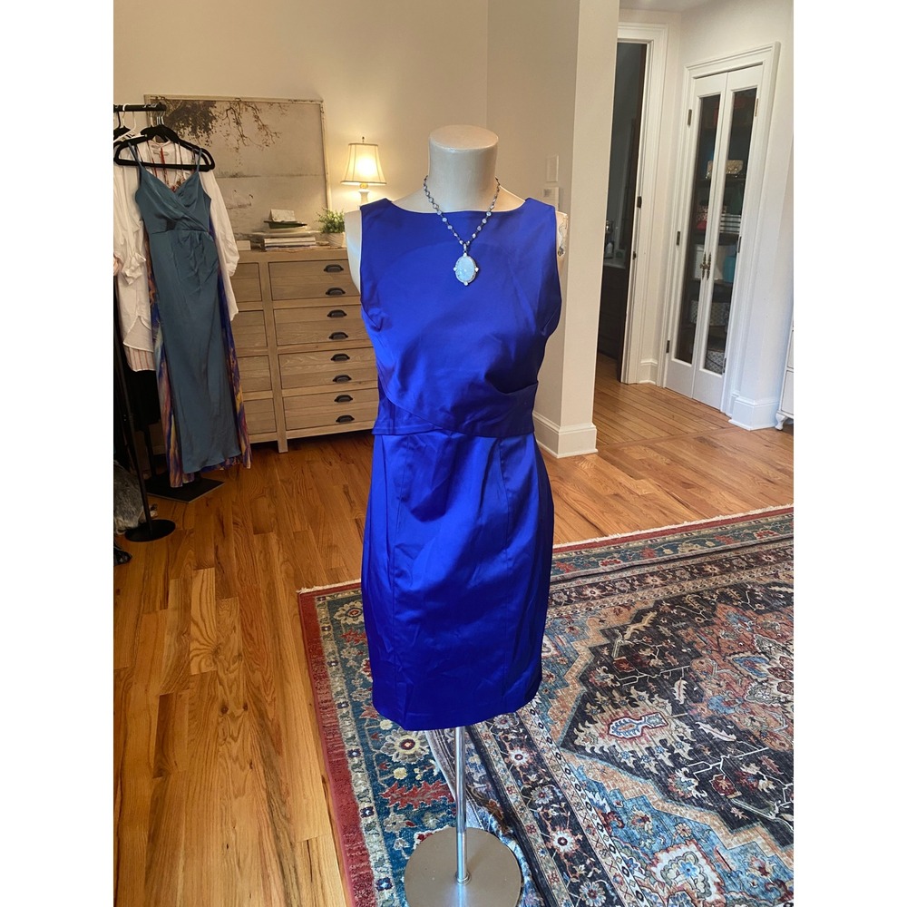 Talbots Blue Satin Sheath Dress 4P Petite Boat Neck Crossover‎ Waist PH95